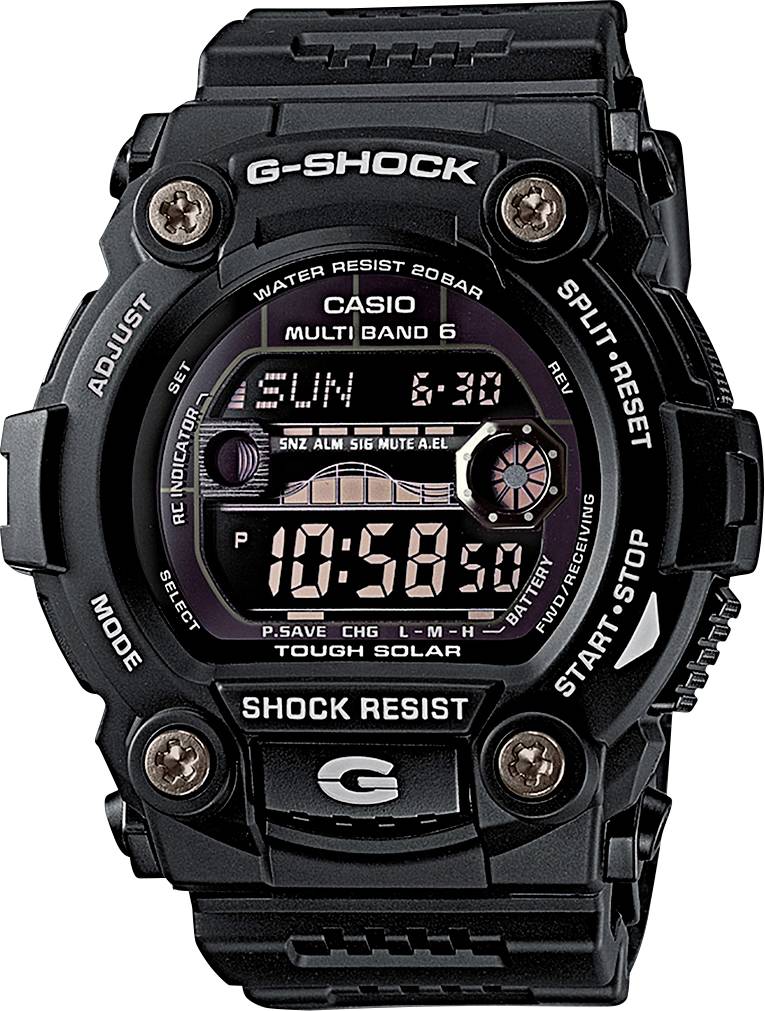 Eine schwarze, robuste Casio G-Shock Armbanduhr mit digitalem Display zeigt die Uhrzeit 10:50:08 und das Datum mit Wochentag.