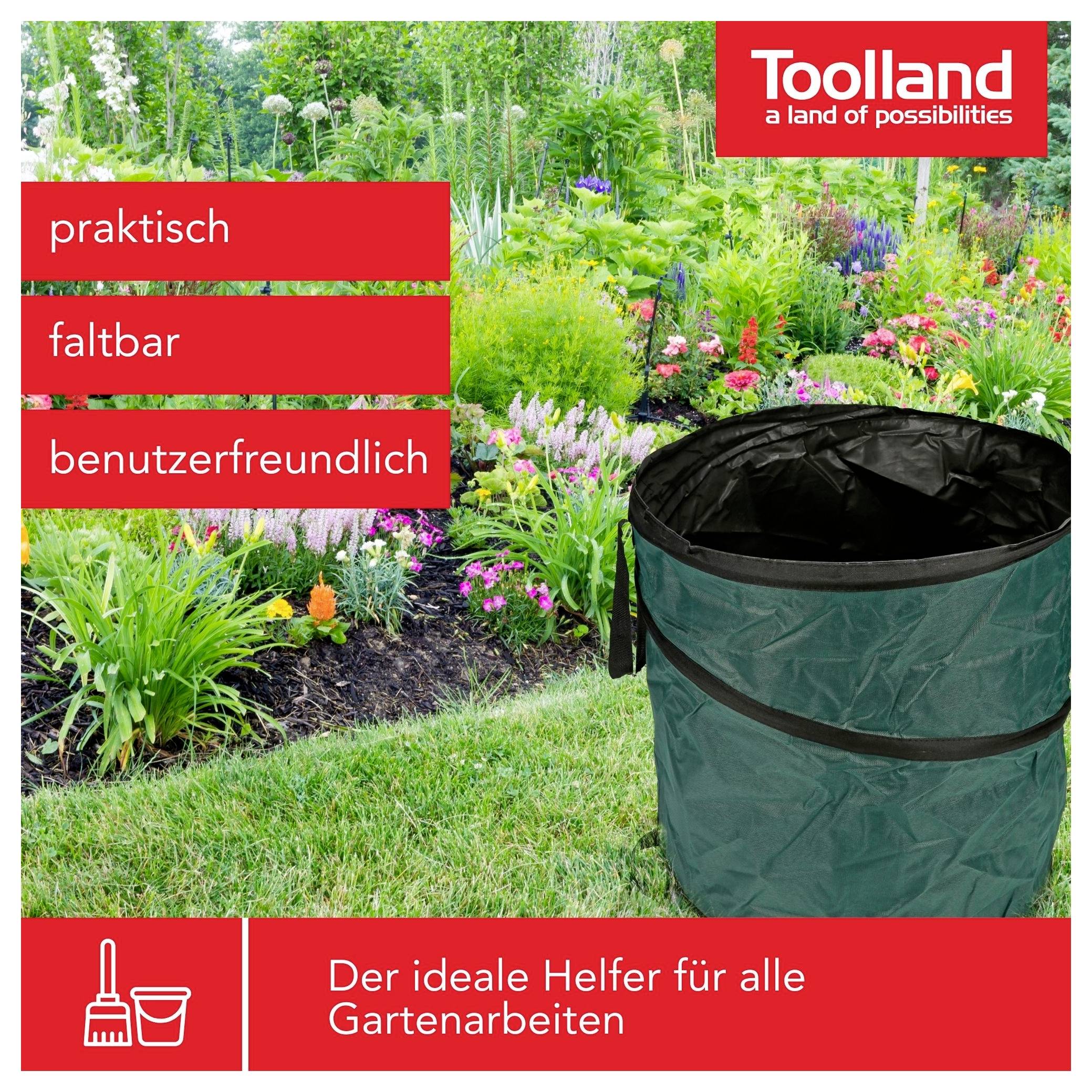 Zusammengefalteter grüner Gartenabfallkorb mit Aufdruck 'Toolland'; beworben als praktisch, faltbar und benutzerfreundlich für Gartenarbeiten.