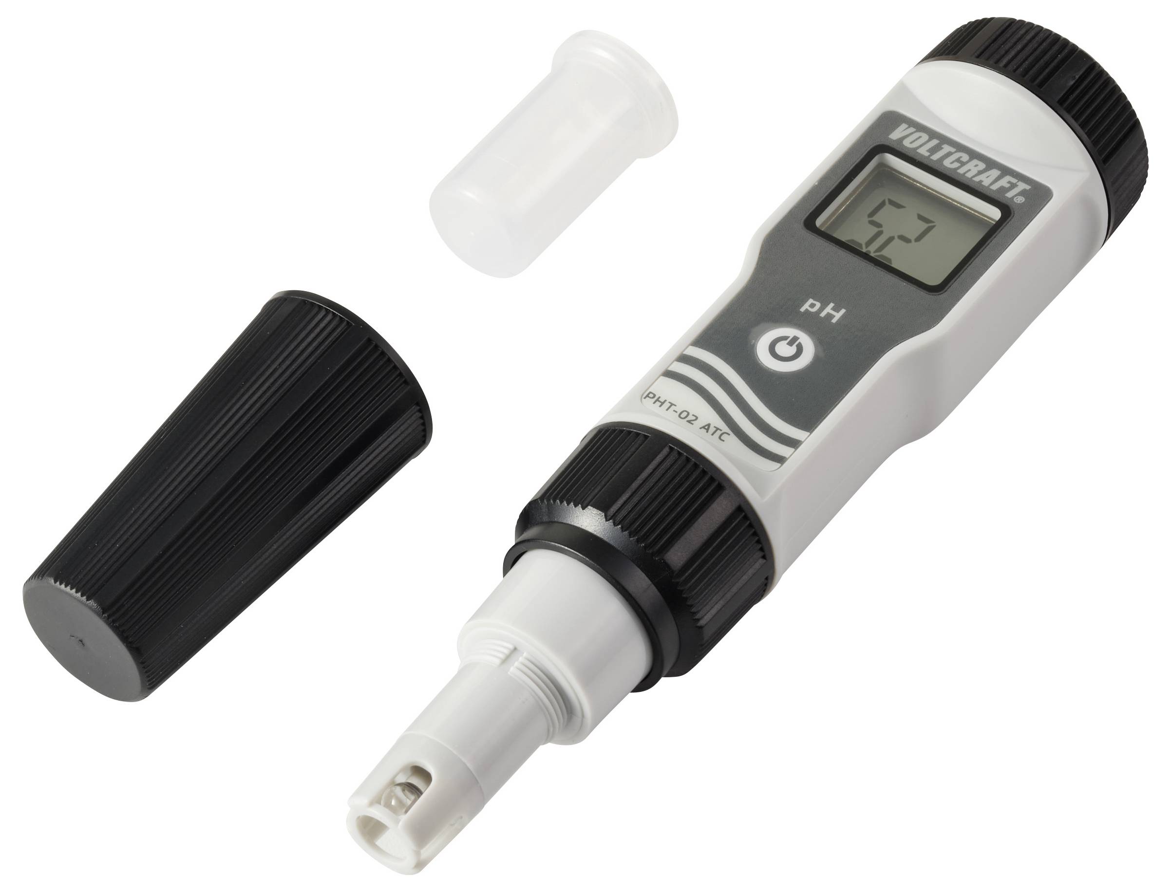 Digitales pH-Meter mit entfernten Schutzdeckeln, das eine Messung auf seinem Display anzeigt.