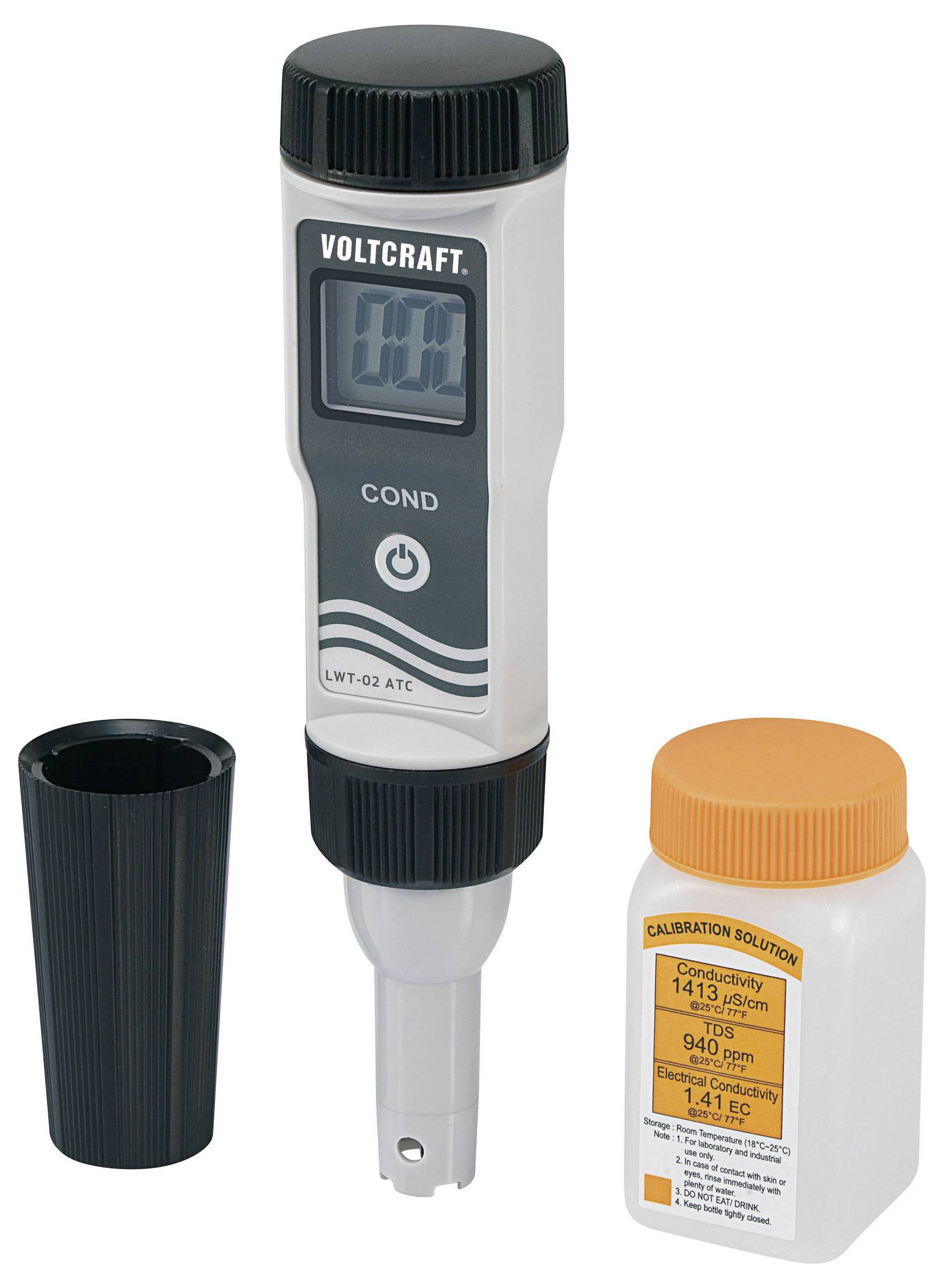 Ein tragbares Leitfähigkeitsmessgerät mit digitaler Anzeige, neben einer Kalibrierlösungsflasche mit orangefarbener Kappe.