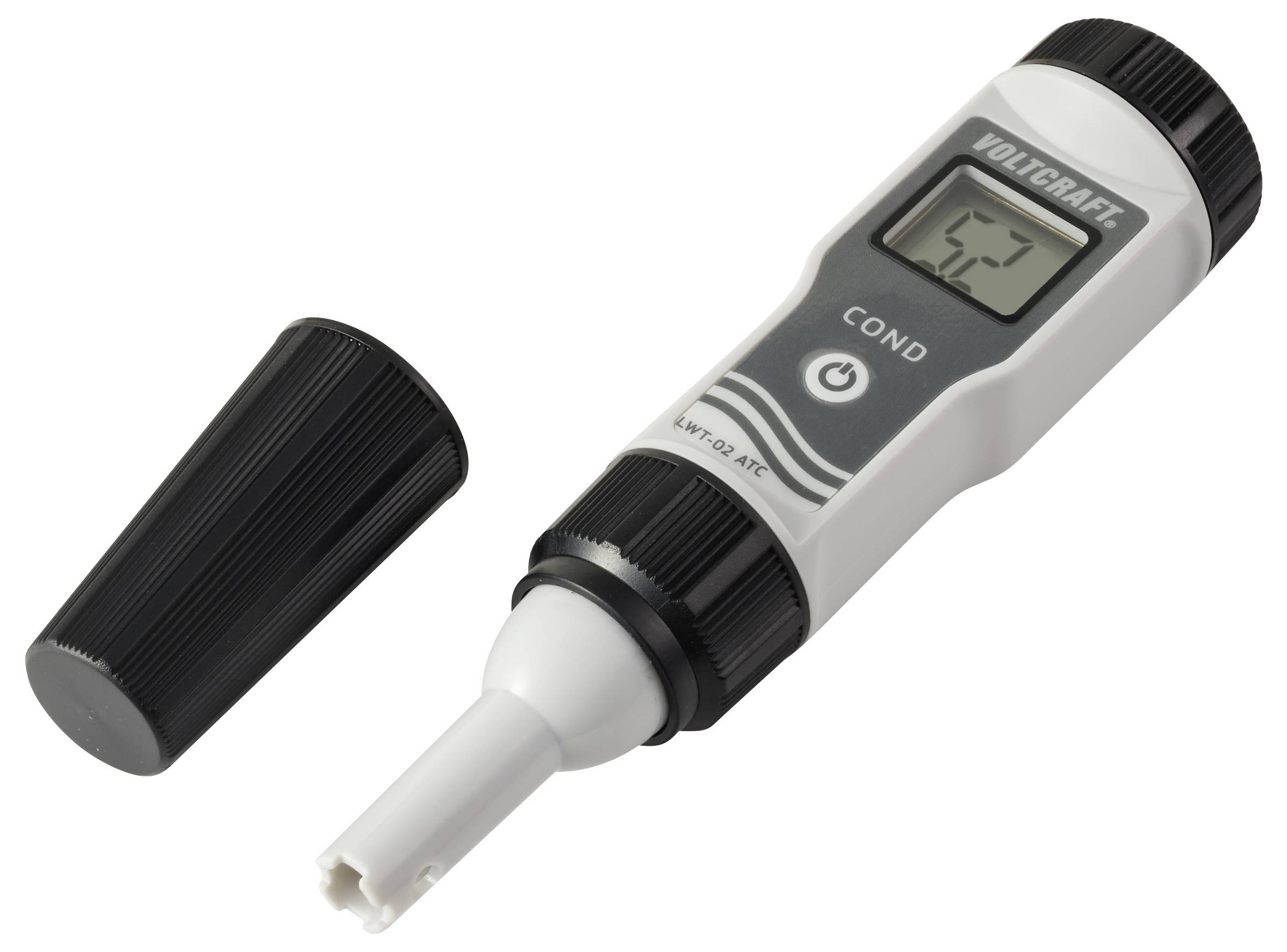 Ein tragbares digitales Leitfähigkeitsmessgerät mit einem Display, das eine Messung anzeigt, zusammen mit seiner Schutzkappe.