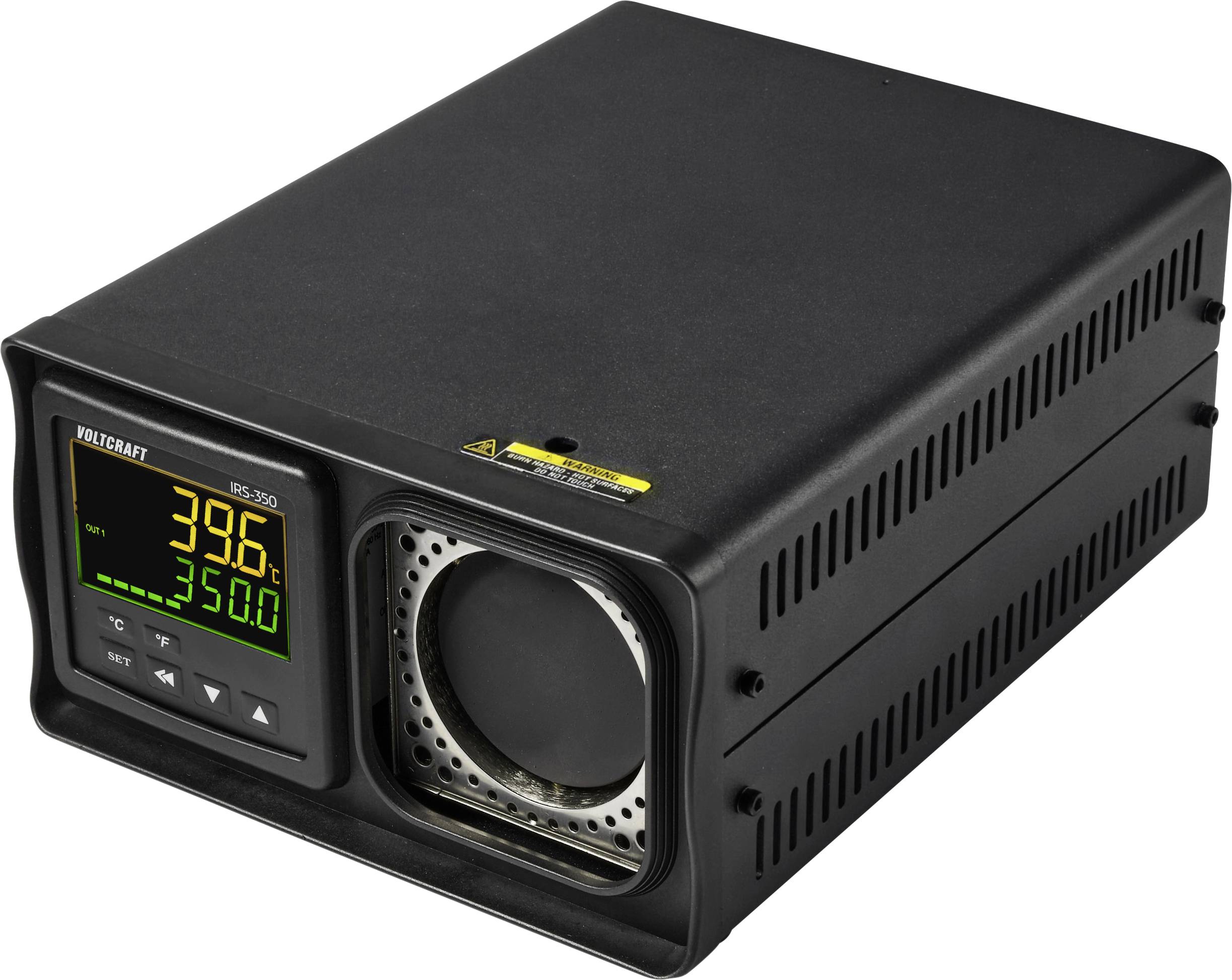 Schwarzes VOLTCRAFT BS-350 Labornetzgerät mit digitaler Anzeige und vorderer Kühlerlüfteröffnung auf weißem Hintergrund.