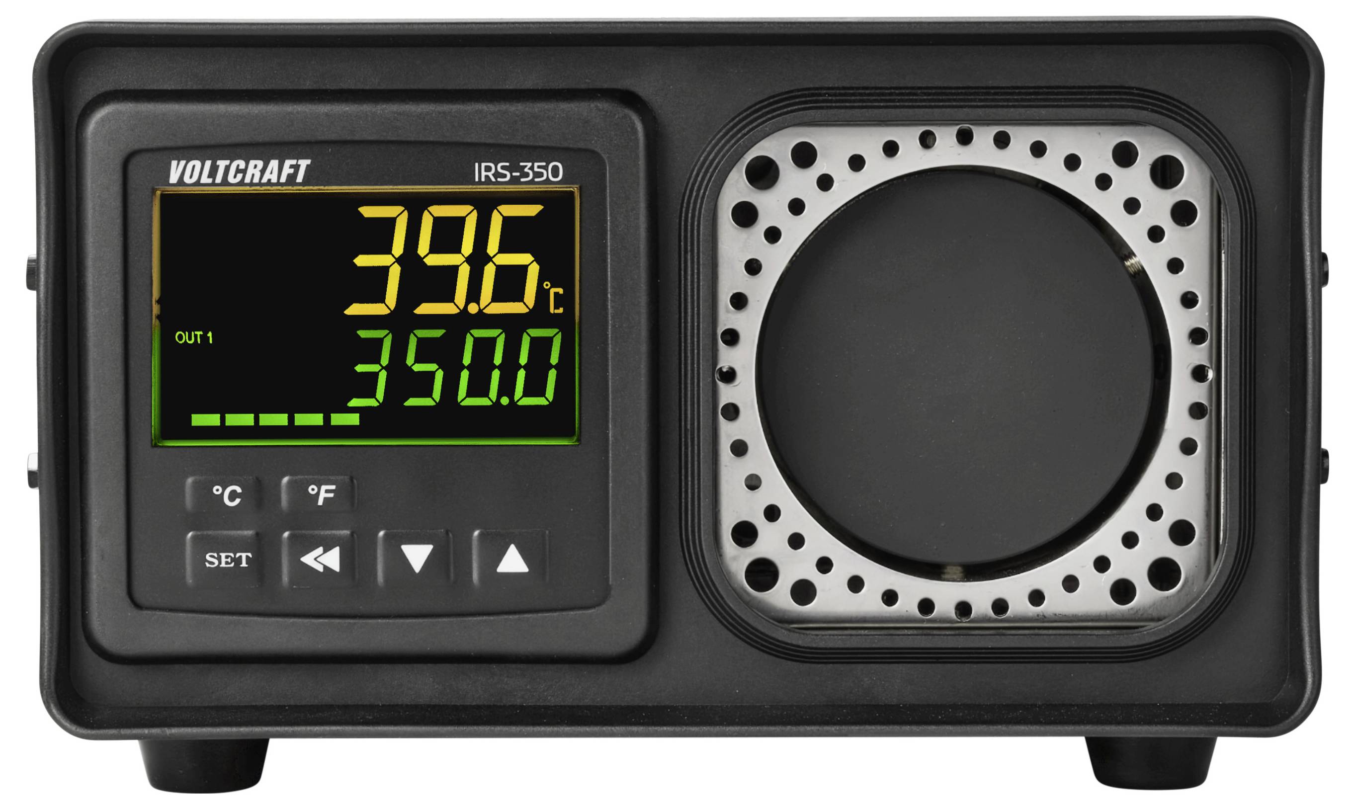 VOLTCRAFT IRS-350 Infrarot-Heizungsregler mit digitaler Anzeige, die 39,6°C und 350,0 zeigt, sowie Temperatursteuertasten und kreisförmiger Heizerfläche.