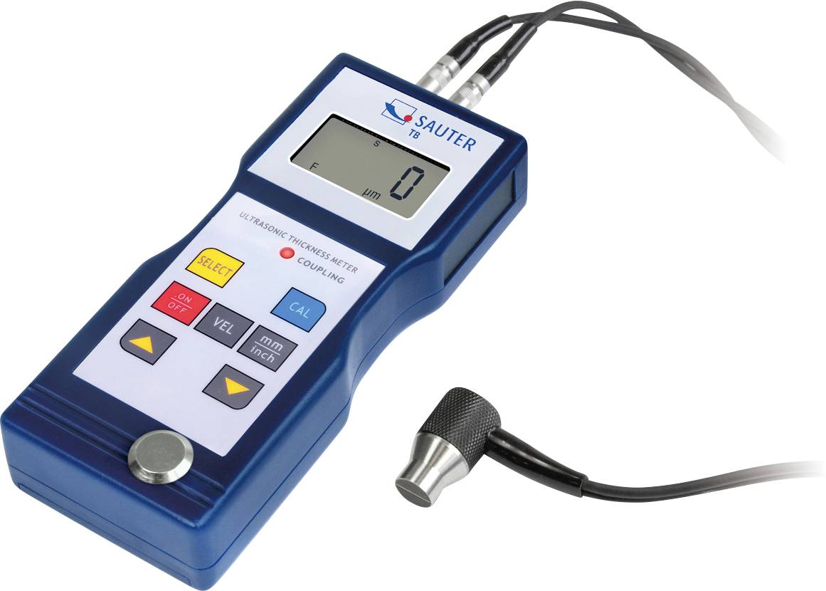 Ultraschall-Dickenmesser mit digitalem Display, mehreren Tasten für Auswahl, Kalibrierung und Messung. Angeschlossener Sensor.