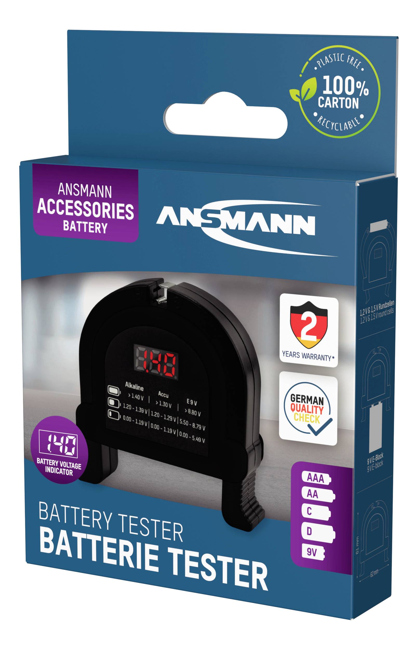 Verpackung eines Ansmann Batterietesters, mit digitaler Anzeige für AA, AAA, C, D, 9V Batterien. Umweltfreundliche Verpackung.