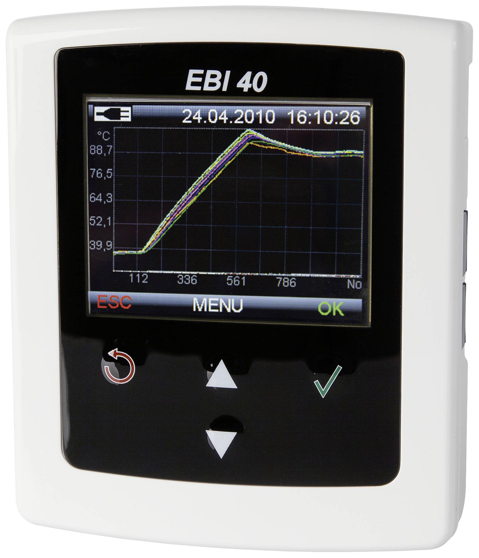 Temperatur-Datenlogger EBI 40 mit digitalem Display. Zeigt eine Temperaturkurve über die Zeit am 24.04.2010 von 16:10:26.