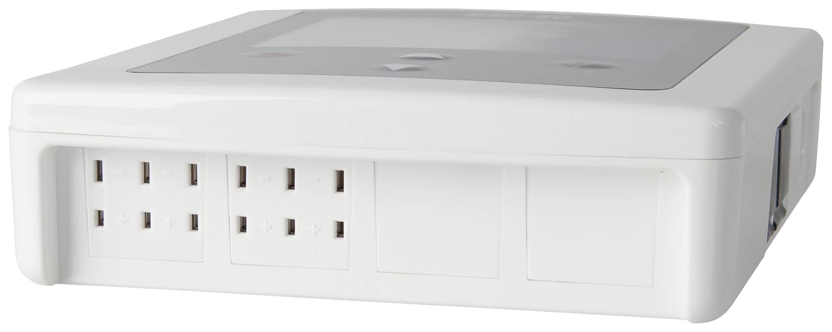 Ein weißes elektronisches Gerät mit mehreren Steckdosen, geeignet für den Einsatz in Büros oder Zuhause zur Stromverteilung.