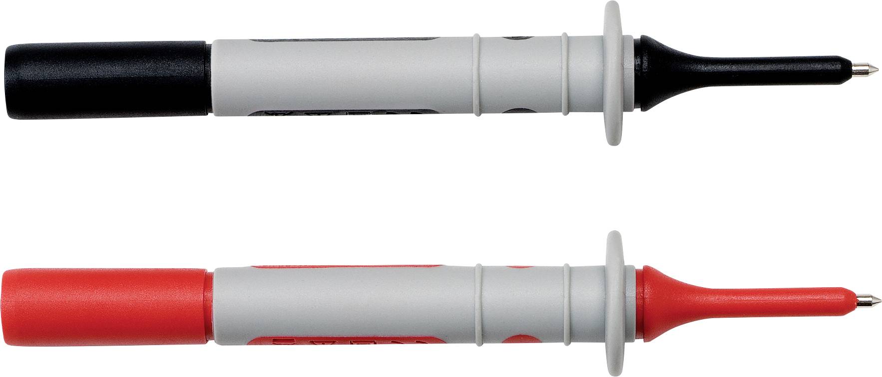 Zwei Prüfspitzen, eine rot und eine schwarz, liegen parallel nebeneinander. Sie werden für elektrische Messungen verwendet.