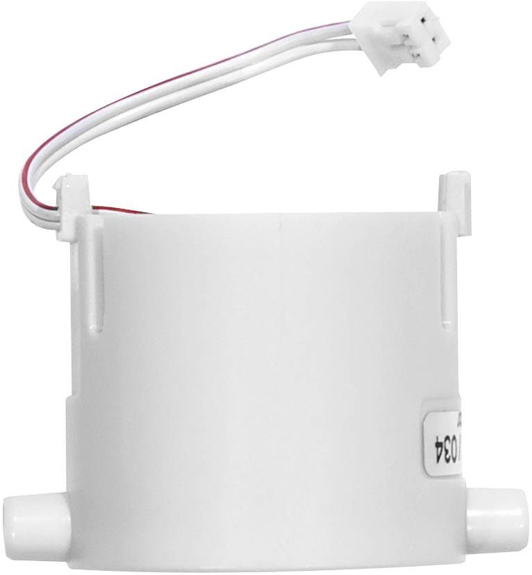 Ein weißer zylindrischer Sensor mit zwei Steckverbindungen und einem Kabel mit Stecker oben, auf einer weißen Hintergrundfläche.