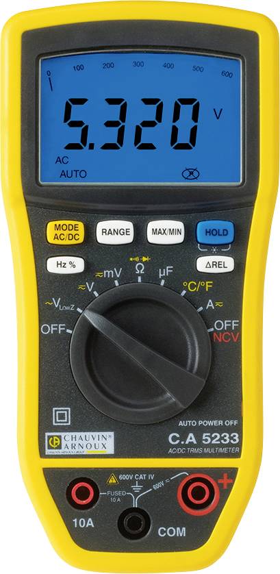 Digitales Multimeter, gelb und schwarz, zeigt 5,320 Volt auf dem Display. Enthält Schalter für Funktionen wie Spannung, Strom und Widerstand.
