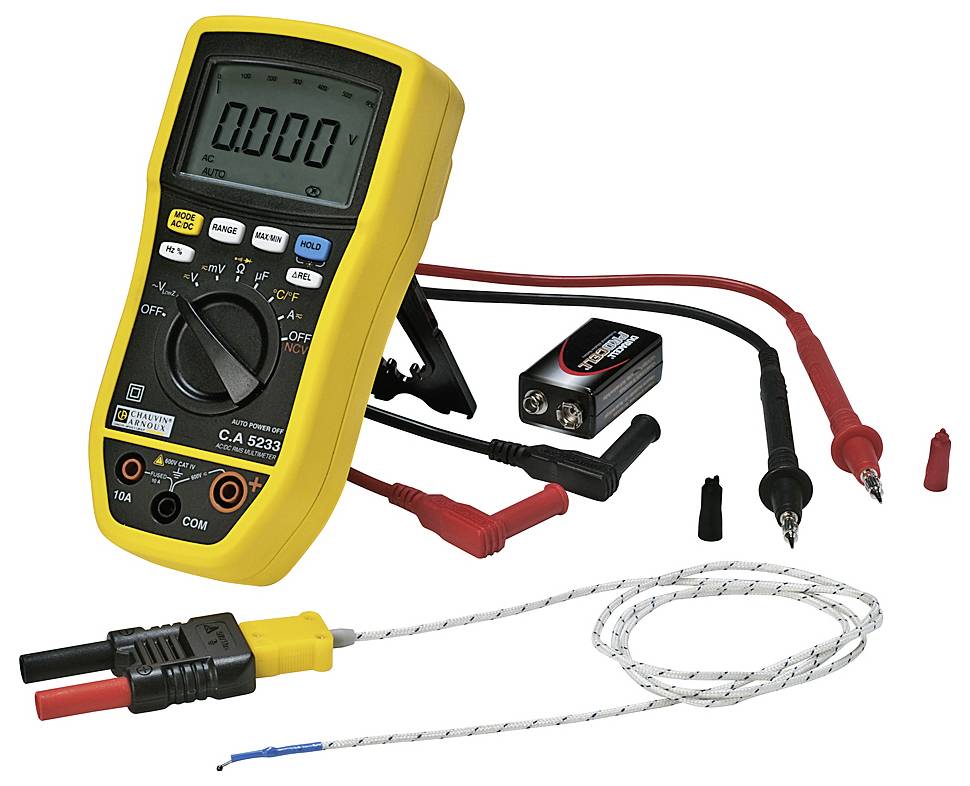 Multimeter mit gelbem Gehäuse, Messsonden und einem 9V-Batterieanschluss. Anzeige zeigt '0.000'. Ideal zum Messen von Spannung.