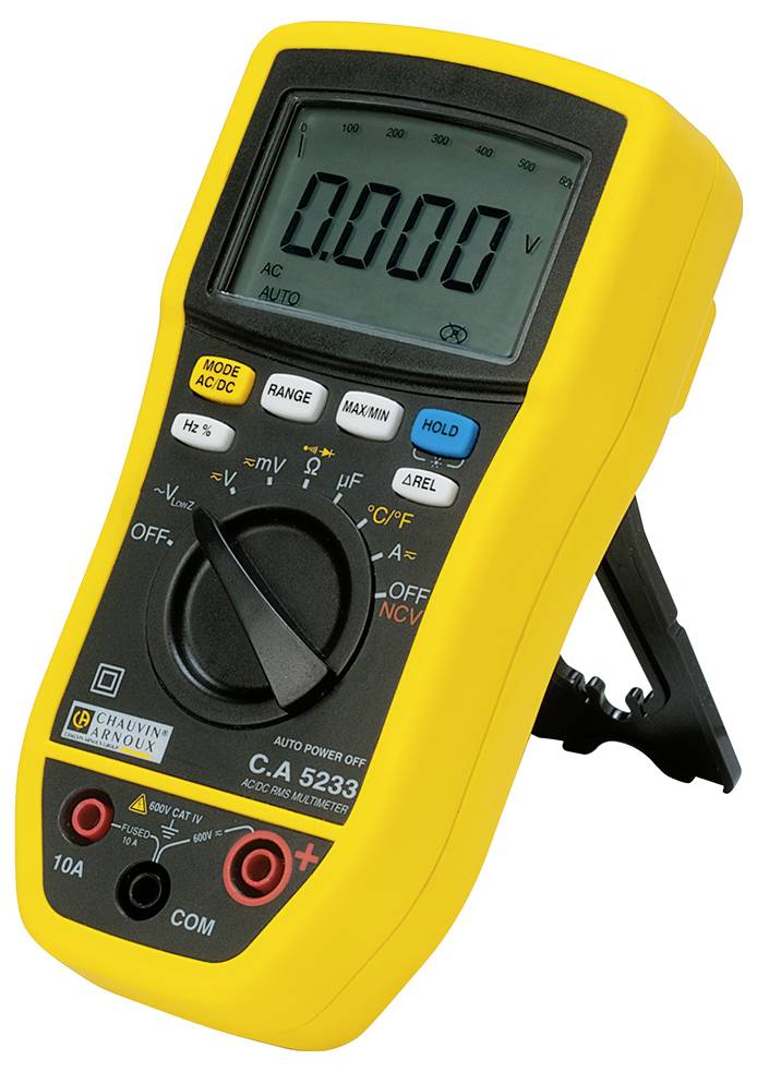 Ein gelbes digitales Multimeter zeigt 0.000 V an. Es hat mehrere Tasten und Wählknöpfe zur Auswahl von Messbereichen und Modi.
