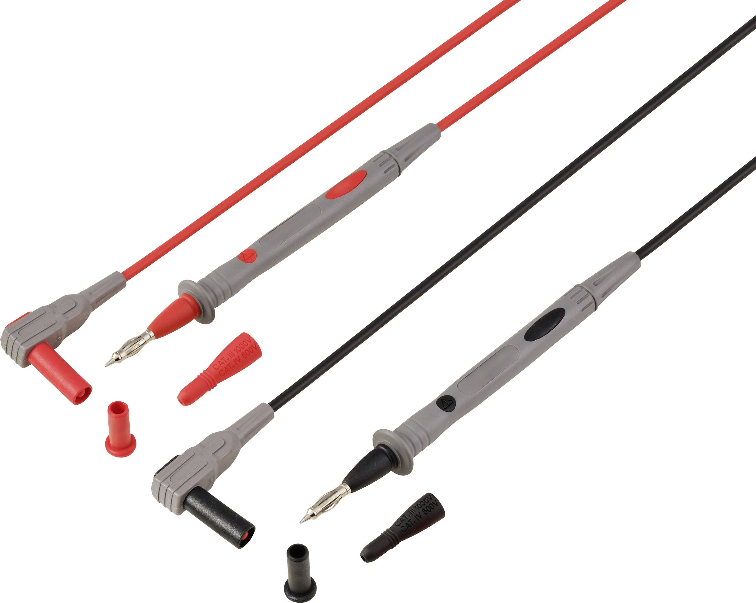 Rote und schwarze Multimeter-Messleitungen mit abnehmbaren Spitzen und Abdeckungen nebeneinander angeordnet.