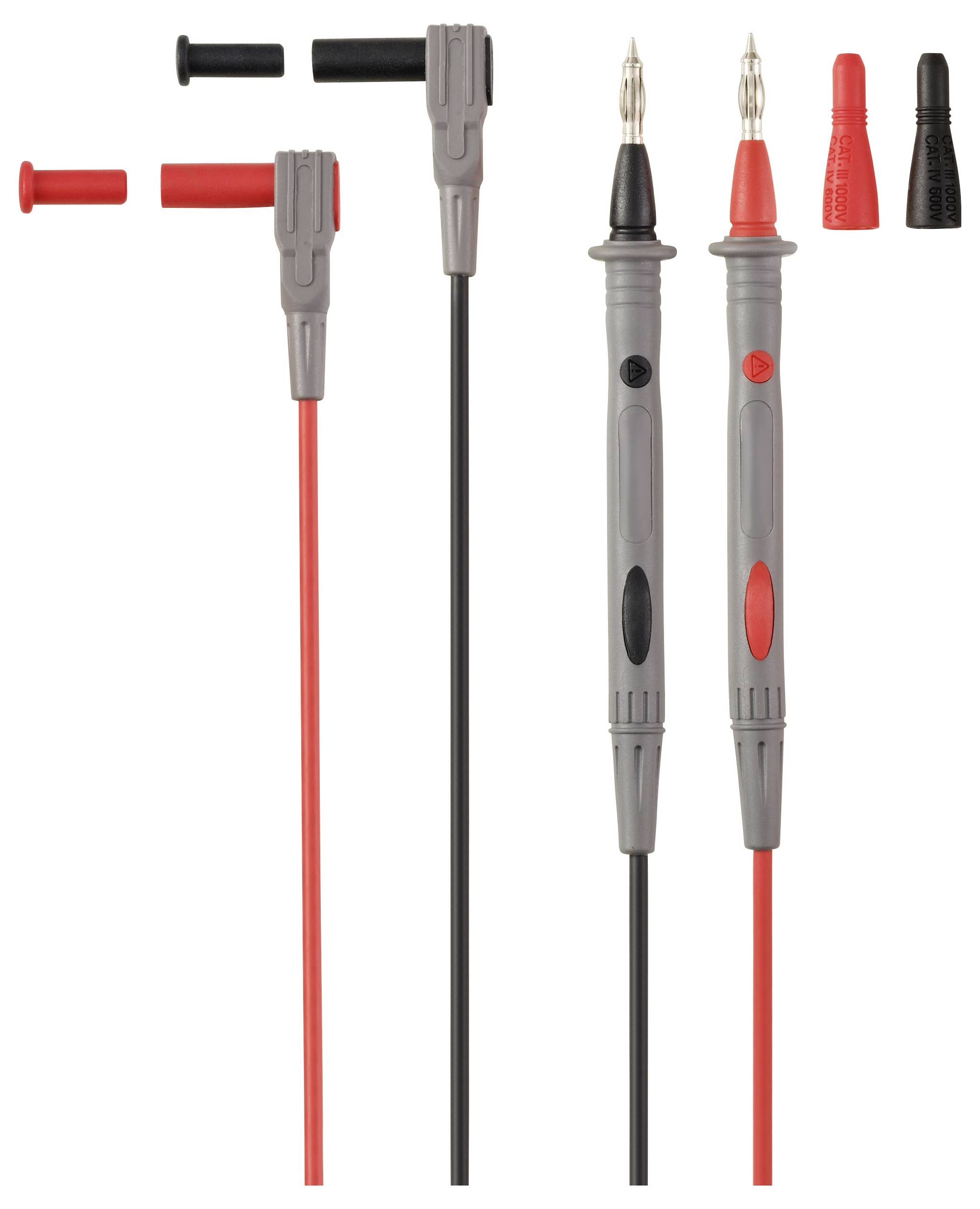Zwei graue Multimeter-Messleitungen mit roten und schwarzen Kabeln und Kappen, die zum Messen elektrischer Größen verwendet werden.