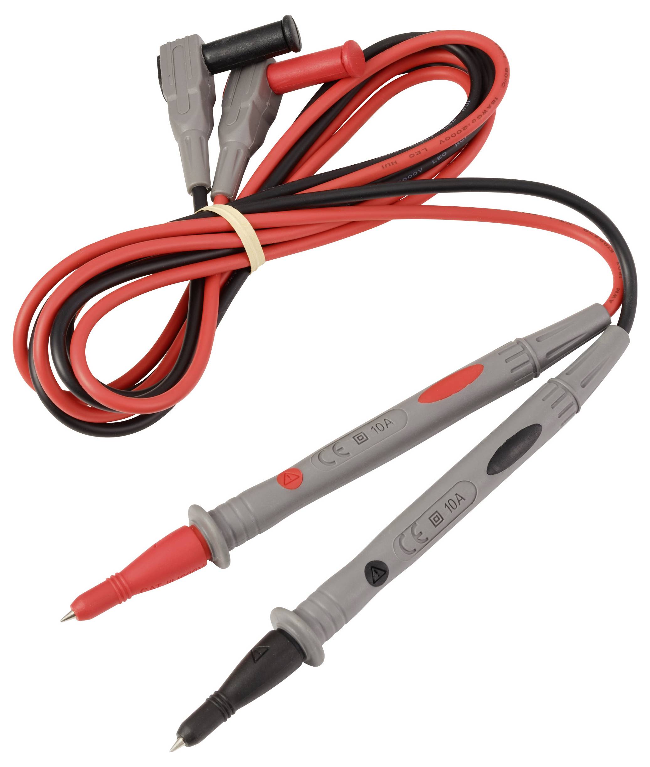 Rote und schwarze Multimeter-Messleitungen mit spitzen Enden und isolierten Kabeln für elektrische Prüfung und Messung.