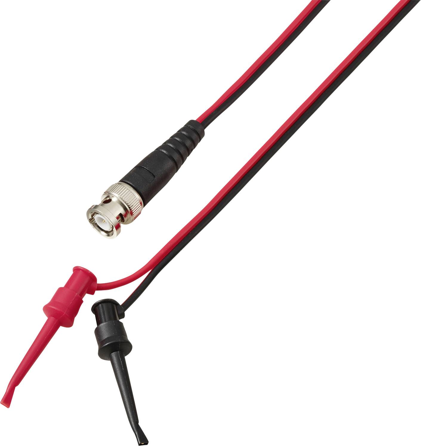 Rote und schwarze Prüfkabel mit BNC-Stecker und Krokodilklemmen, zum Anschluss elektrischer Geräte an Messausrüstung.