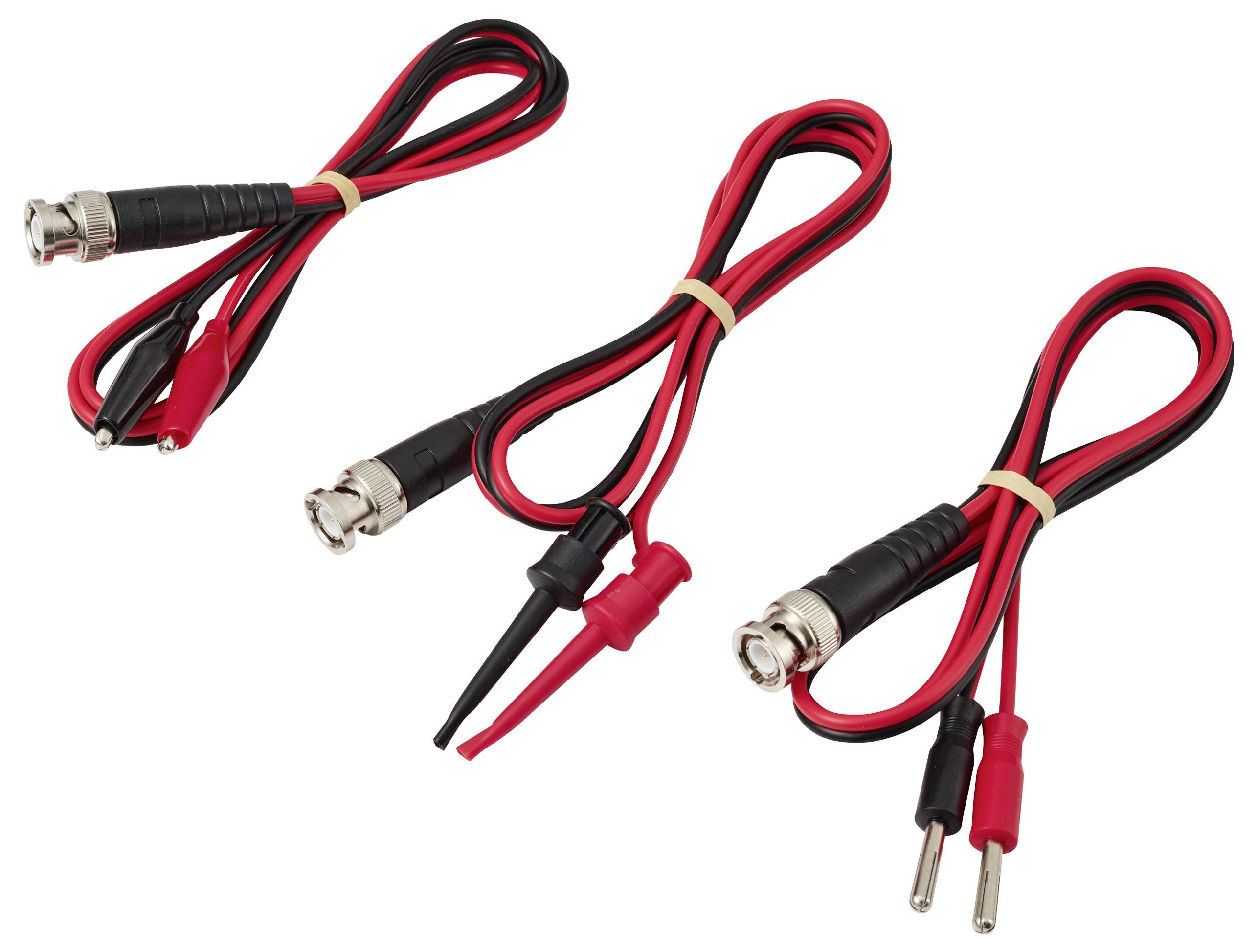 Drei rote und schwarze Koaxialkabel mit unterschiedlichen Anschlüssen: Krokodilklemmen, Steckverbinder und ein spitzer Prüfspitzenanschluss.