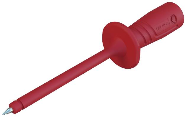 Roter Prüfspitzenschutz mit isolierter Steckverbindung und Metallspitze, typisch für elektrische Messgeräte und Sicherheitstests.