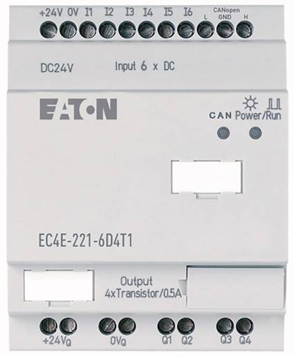 Steuergerät von Eaton, Modell EC4E-221-6D4T1, mit DC24V Eingang und 4 Transistor-Ausgängen. Anschlüsse für CAN und DC.