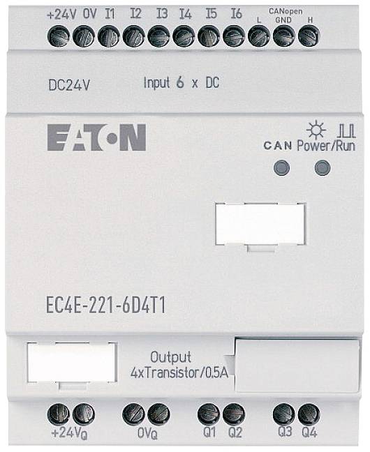 Ein graues Gerät mit dem Logo 'EATON' und der Aufschrift 'EC4E-221-6D4T1', zeigt Eingänge, Ausgänge und Anschlüsse für 24V Gleichspannung.