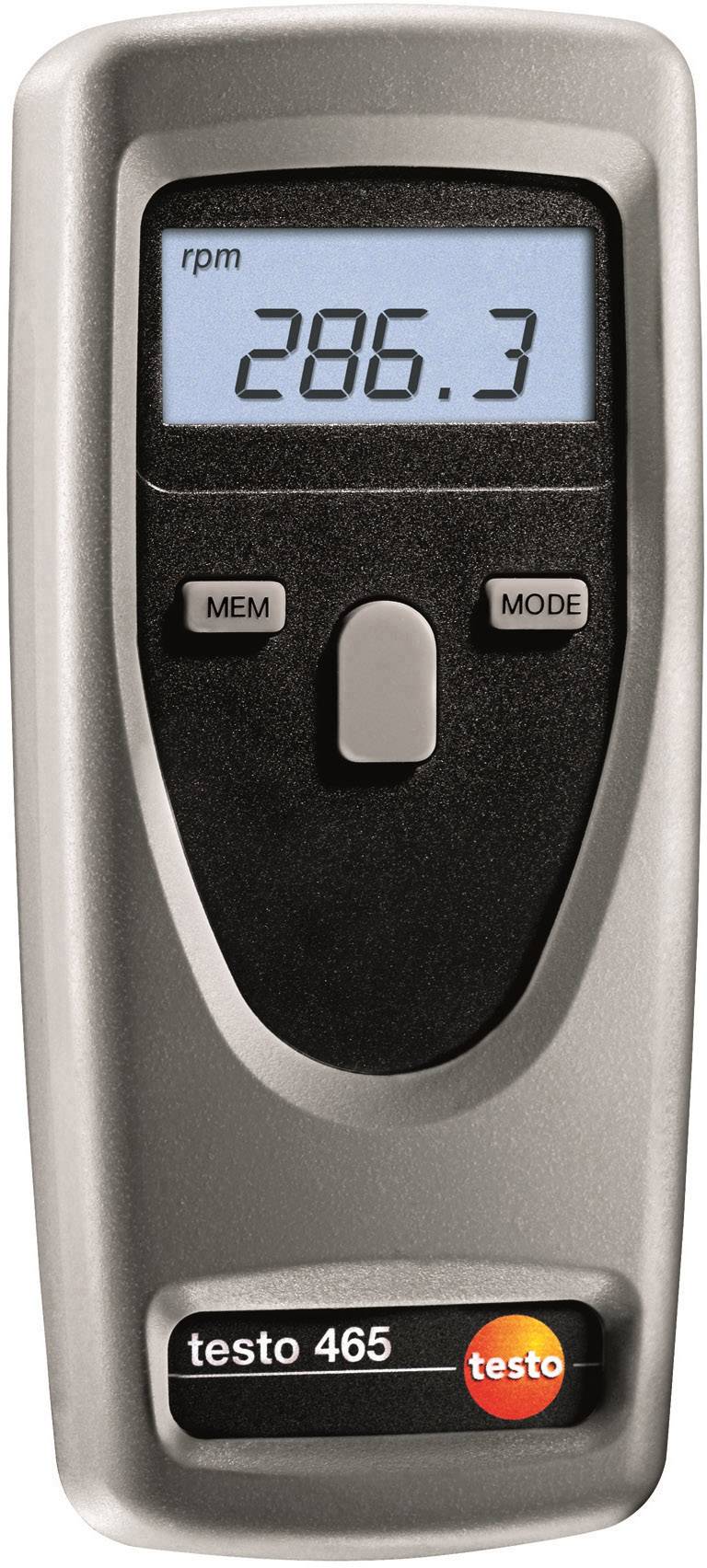 Ein digitales Handgerät zeigt '286.3 rpm' auf einem Display. Unten steht 'testo 465'. Es hat Tasten für 'MEM' und 'MODE'.