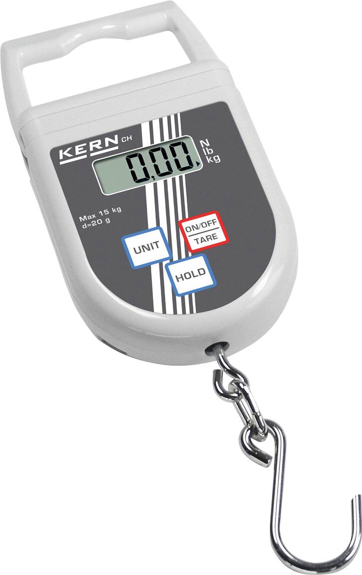 Digitale Hängewaage mit Haken, zeigt 0,00 kg. Tasten: 'UNIT', 'ON/OFF', 'TARE', 'HOLD'. Maximale Kapazität 15 kg, minimal 20 g.
