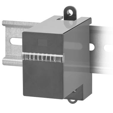 Mechanischer rücksetzbarer Zähler auf einer Metallschiene montiert, mit sichtbarem Zahlenfenster und Befestigungsschlaufen oben und unten.