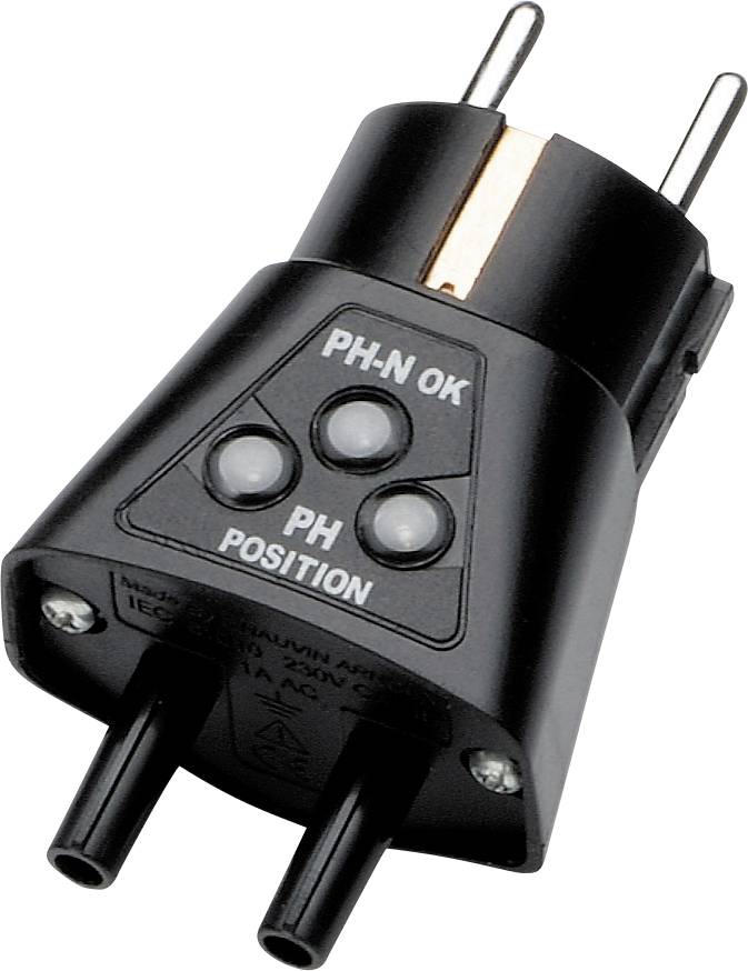 Ein schwarzer Spannungsprüfer-Stecker mit drei Anzeigeknöpfen zur Überprüfung der Phasenlage und Erdung in elektrischen Steckdosen.