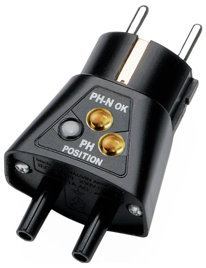 Gezeigt wird ein Stromadapter mit zwei Steckdosen und LED-Anzeigen, die auf die richtige Positionierung mit 'PH-N OK' und 'PH POSITION' hinweisen.