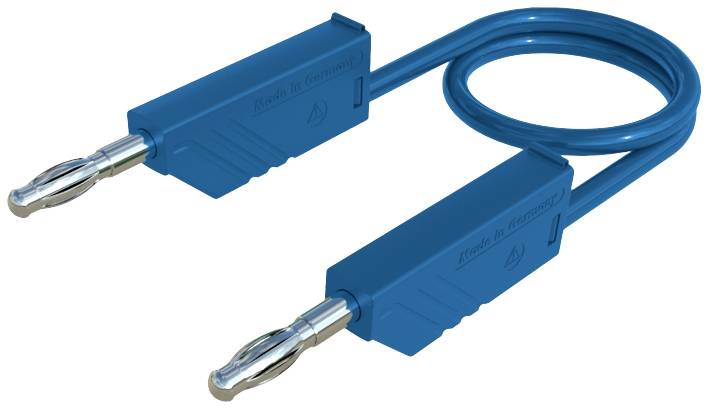 Blaues Kabel mit zwei Bananensteckern an beiden Enden, häufig verwendet für elektrische Verbindungen oder Tests.