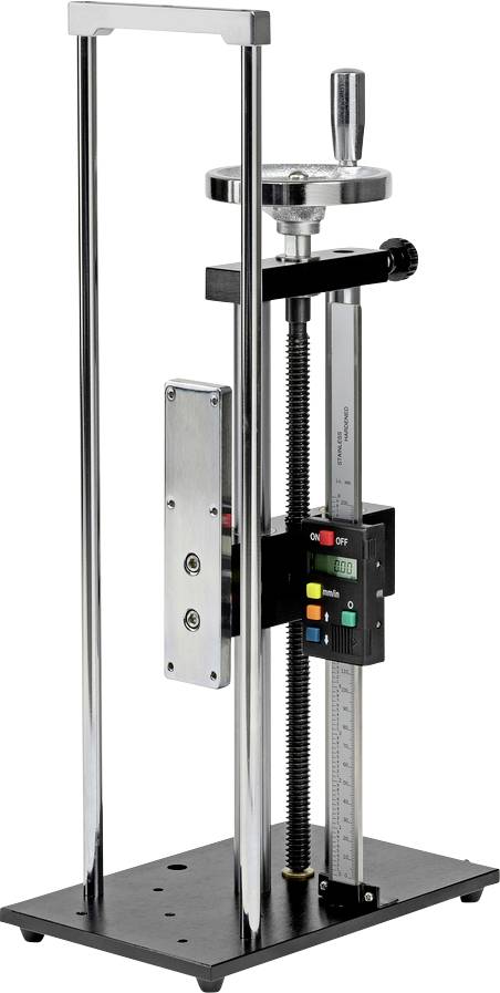 Manuelle Kurbelpresse mit vertikalem Spindelantrieb und präziser Skala, für Labortests und Materialprüfungen geeignet.
