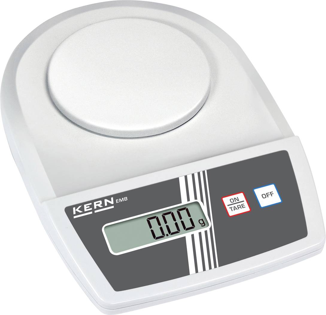 Elektronische Waage mit digitalem Display, zeigt '0,00 g' an. Zwei Schaltflächen: 'ON TARE' und 'OFF'. Gehäuse in Weiß.