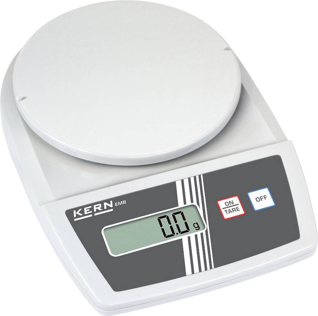 Digitale Küchenwaage mit rundem Wiegeteller, Display zeigt '0,0 g', zwei Tasten 'ON TARE' und 'OFF' rechts vom Display.