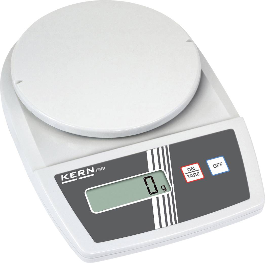 Digitale Küchenwaage mit rundem Wiegeteller, Display zeigt '0 g', Knöpfe für 'ON TARE' und 'OFF', Marke 'KERN EMB'.