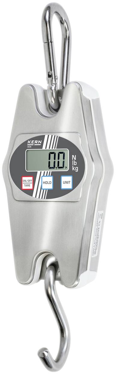 Digitalwaage aus Metall mit Haken oben und unten, zeigt 0,0 kg an.