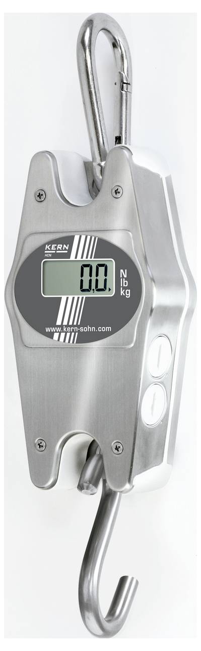 Digitale Hängewaage aus Edelstahl mit Anzeige, die 0 kg anzeigt. Oberer und unterer Haken sind sichtbar.
