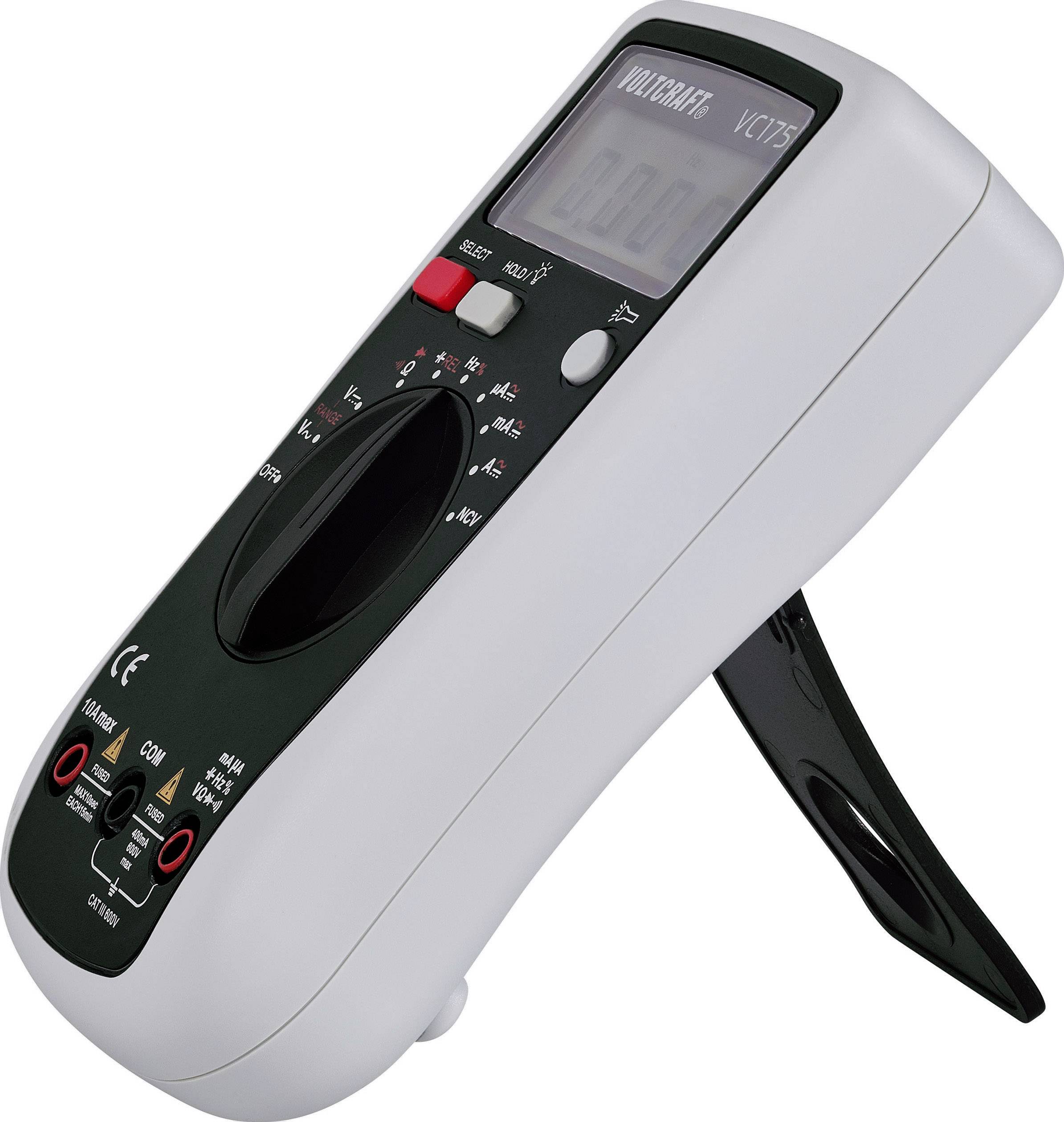 Ein digitales Multimeter mit schwarzem Gehäuse und neigbarem Standfuß, zeigt Spannung an. Drehschalter und Anschlüsse sichtbar.