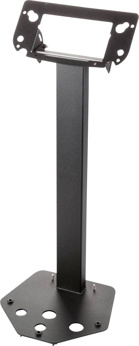 Ein schwarzer Metallständer mit rechteckigem Rahmen oben, geeignet zur Montage von Geräten, steht auf einem sechseckigen Sockel.