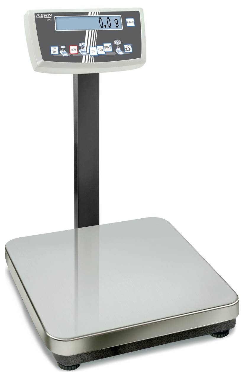 Elektronische Waage mit digitalem Display zeigt '0.0 kg'. Sie steht auf einem Metallgestell, geeignet zum Wiegen von Gegenständen.