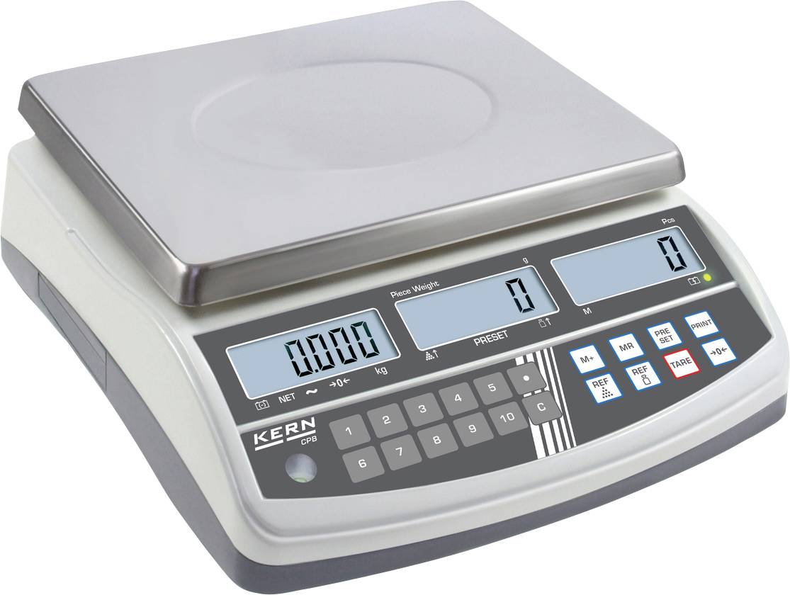 Elektronische Waage mit digitaler Anzeige, Tastenfeld und Edelstahlwiegefläche. Zeigt '0' in allen Anzeigeabschnitten.