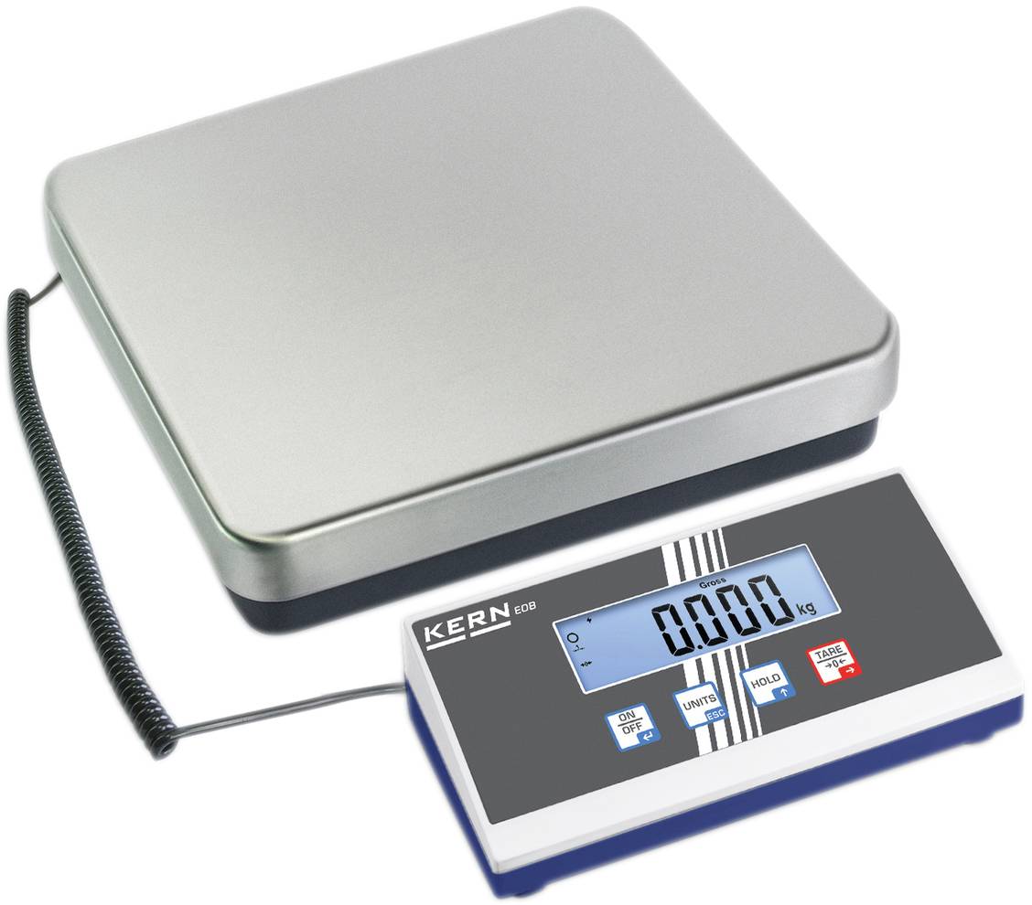 Paketwaage mit digitalem Display, zeigt '0,000 kg'. Die Waage hat eine Metallplattform und ist über ein Kabel mit dem Display verbunden.