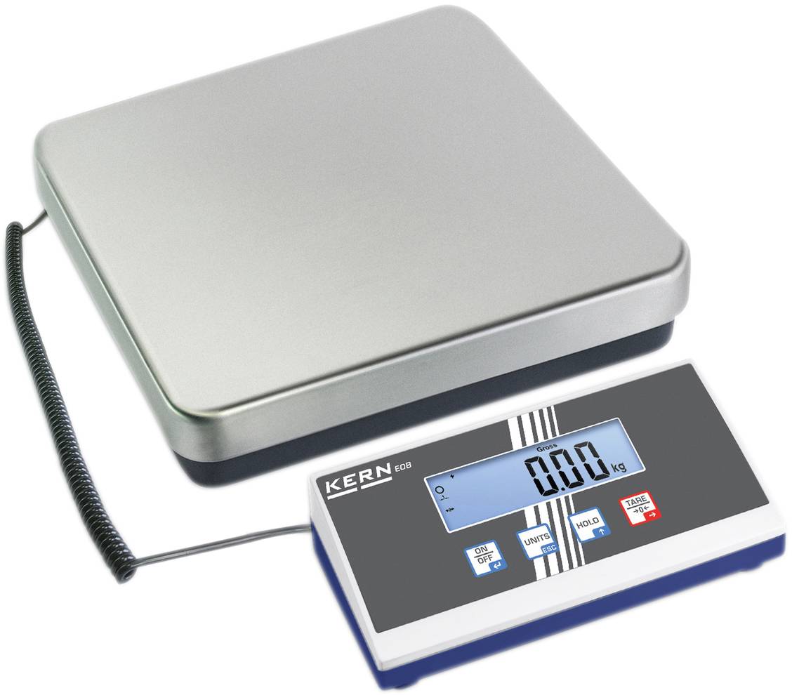 Elektronische Waage mit digitalem Display zeigt '0,00 kg'. Ideal für präzises Wiegen in Laboren oder Industrieumgebungen.