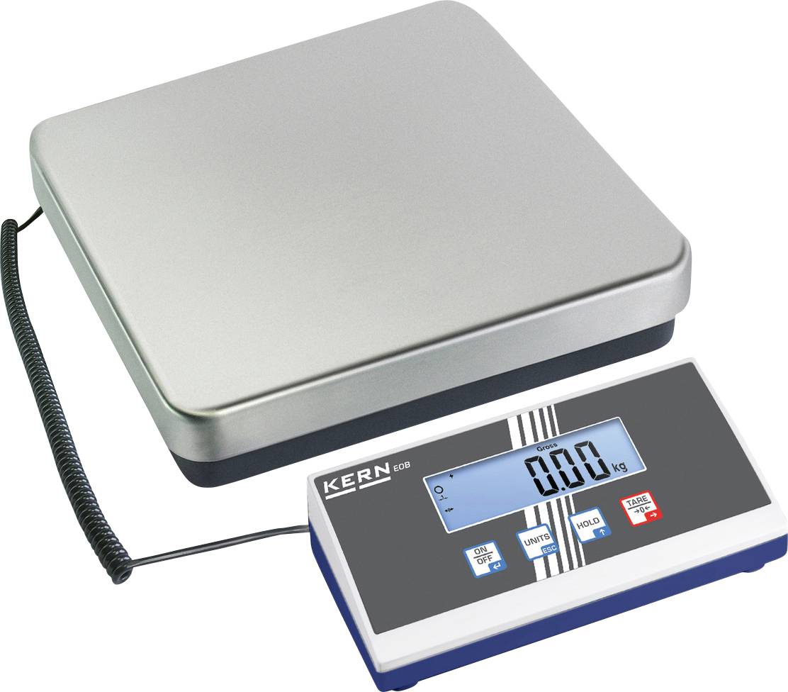 Elektronische Waage mit rechteckiger Edelstahlplattform und digitalem Display. Anzeige zeigt '0,00 kg'. Kabel verbindet Plattform und Display.