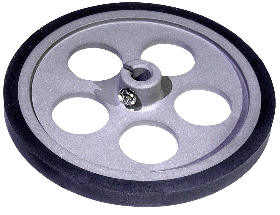 Ein graues Rad mit fünf großen Löchern und einem Befestigungsloch in der Mitte, das von einer Schraube gehalten wird.