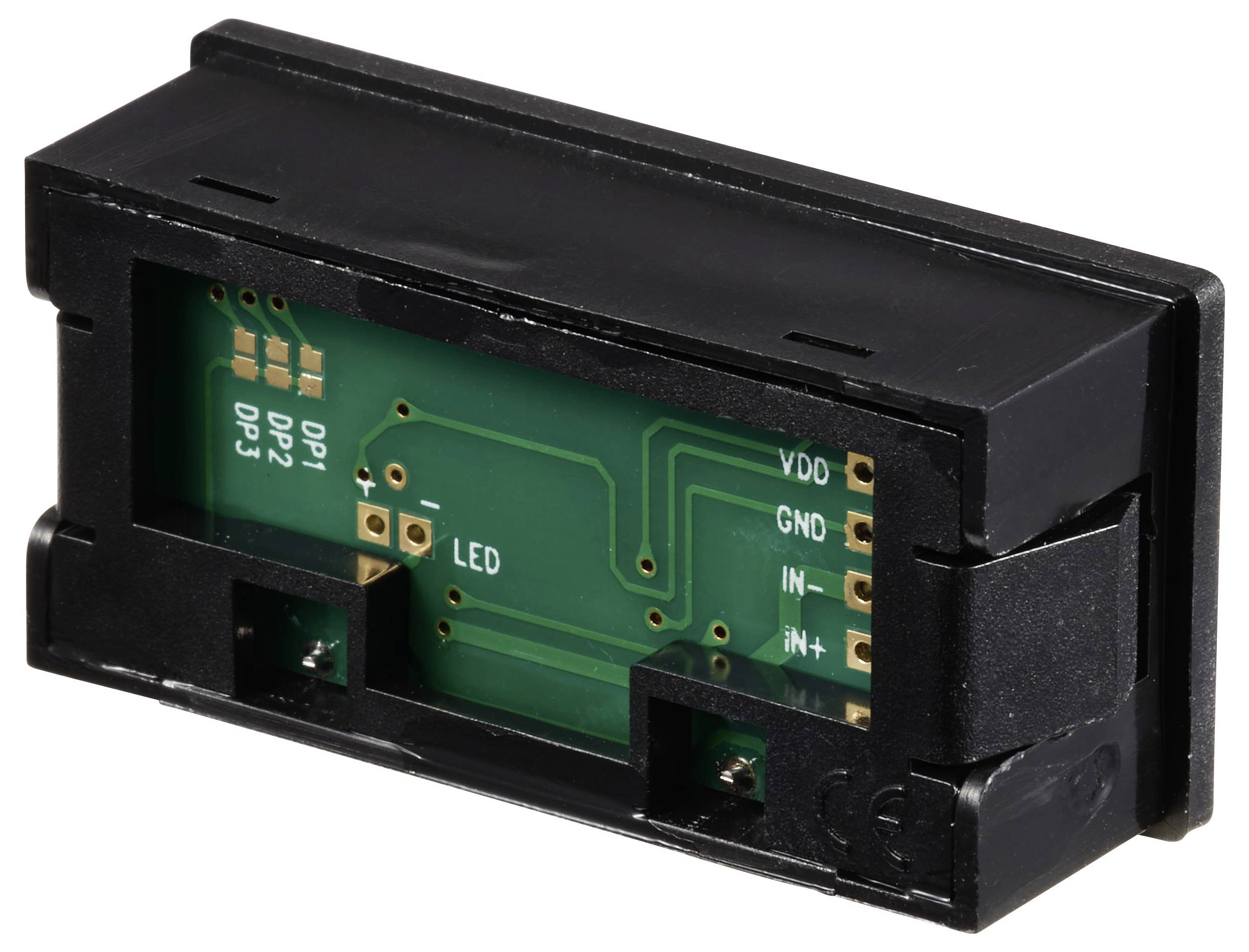 Schwarzes elektronisches Modul mit freiliegender grüner Leiterplatte und gekennzeichneten Anschlüssen: DP+, DP-, VDD, GND, IN+, IN-.