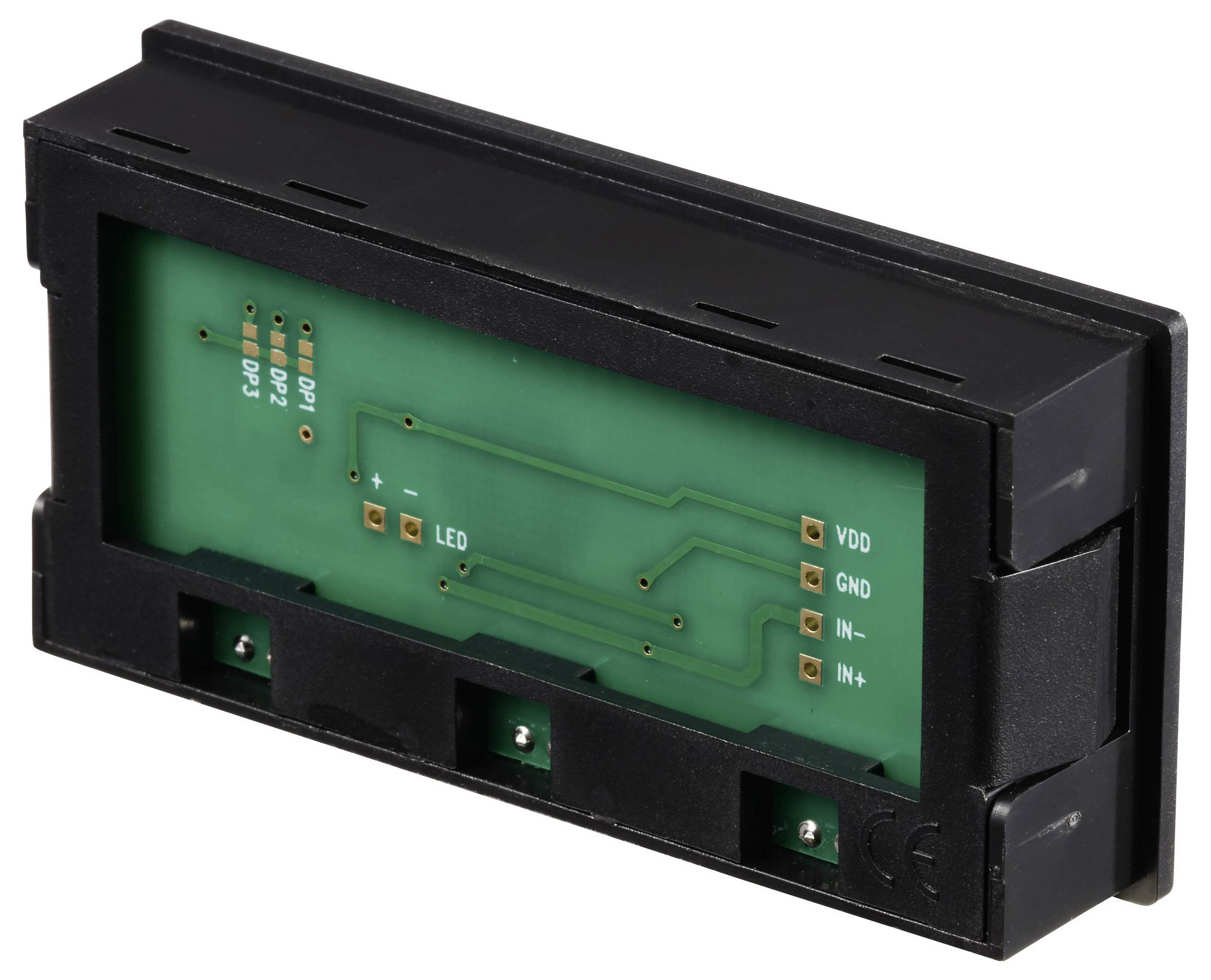 Ein rechteckiges Elektronikmodul mit grüner Platine und Anschlüssen für VDD, GND, IN-, IN+.