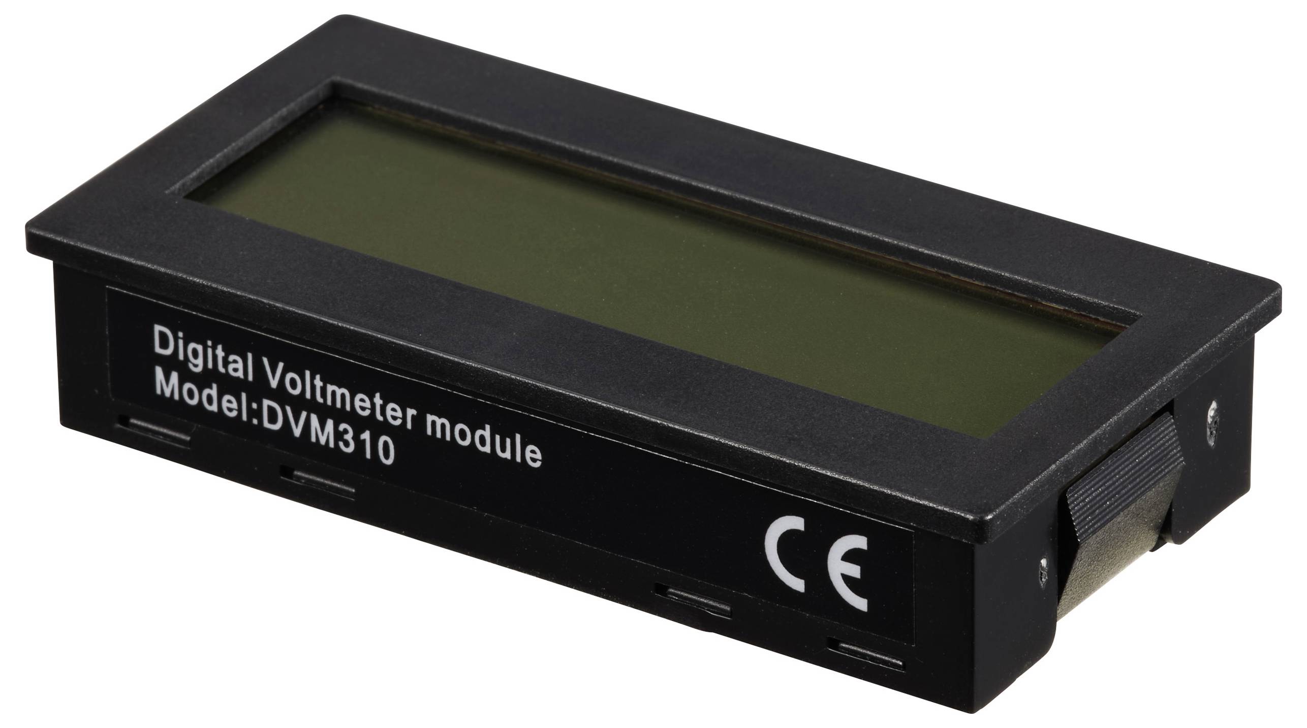 Digitales Voltmeter-Modul mit der Aufschrift 'Model: DVM310' und CE-Kennzeichnung, rechteckiges Display in schwarzem Gehäuse.