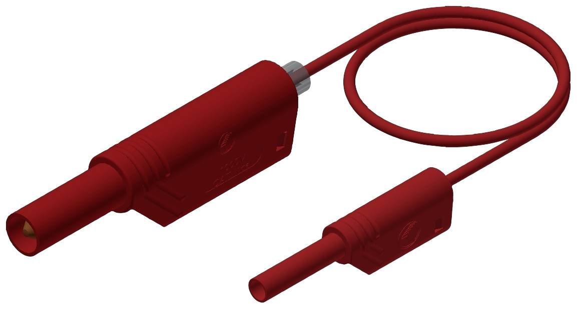 Rotes, elektrisches Kabel mit zwei unterschiedlich großen Steckern, die sich für die Verbindung von Geräten oder Komponenten eignen.