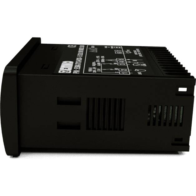 Ein schwarzes elektrisches Gerät mit verschiedenen technischen Symbolen auf der Oberfläche, wahrscheinlich ein Regler oder Transformator.