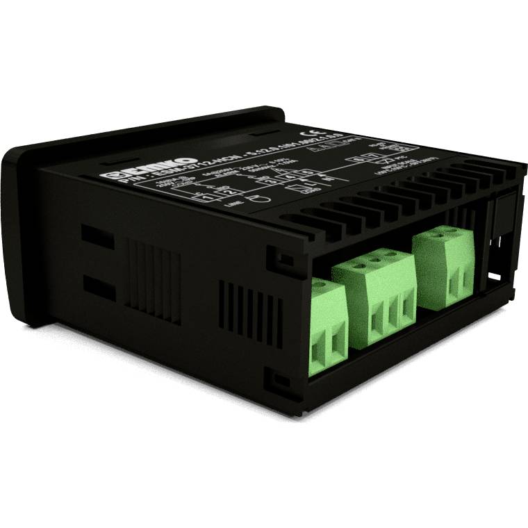 Ein schwarzes elektronisches Gerät, das zur Steuerung von Prozessen in industriellen Anwendungen genutzt wird. Enthält grüne Anschlussklemmen.